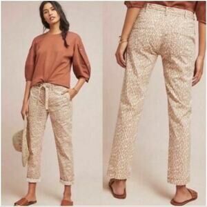 by Anthropologie The Wanderer Animal Print Pants Belted Straight Leg Tan 32